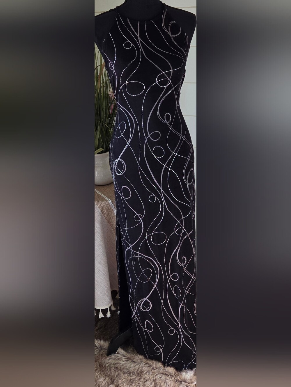 Vintage 90s All That Jazz Black Silver Glitter Swirl Archival Column Maxi Dress